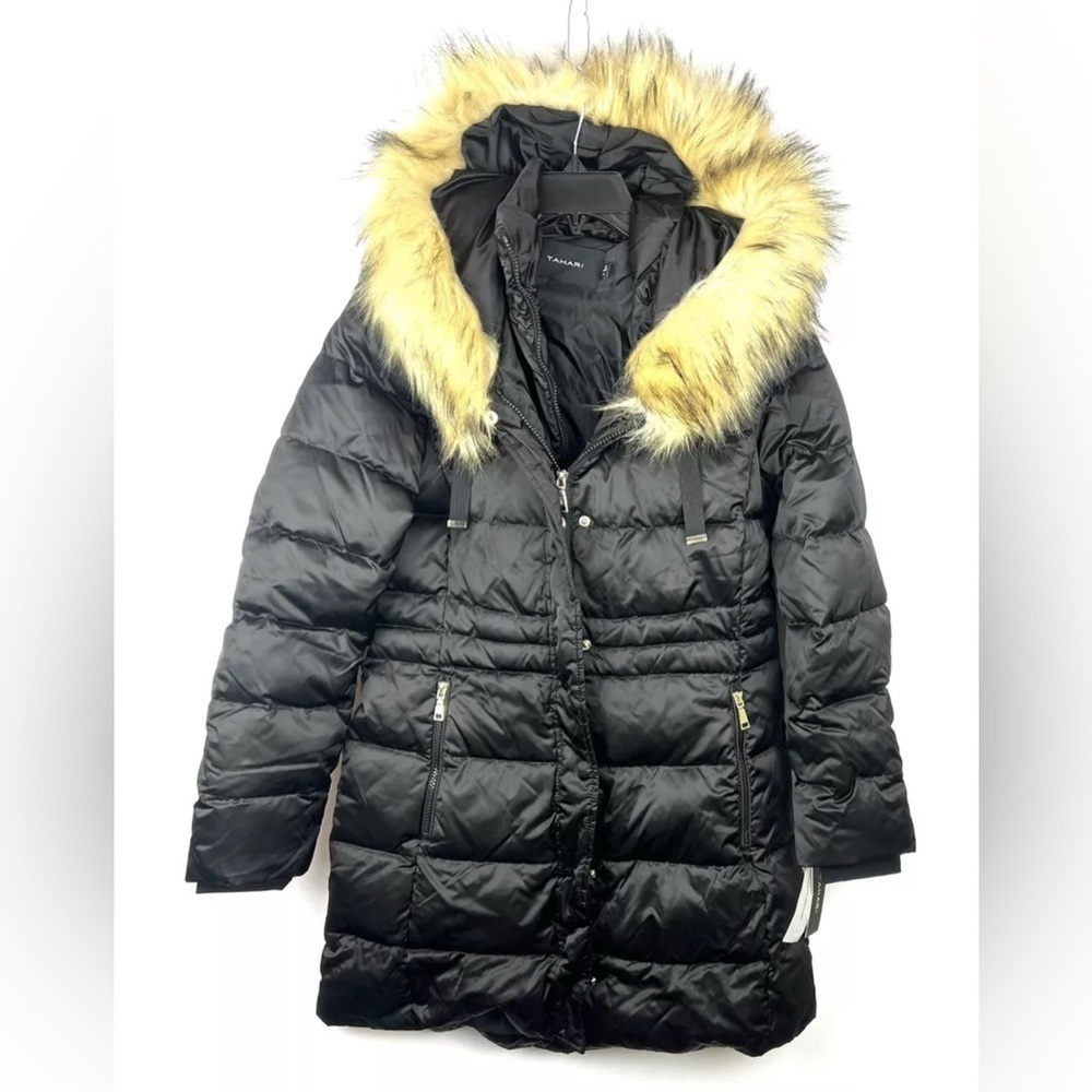 T Tahari Women’s Black Faux Fur Trim Hooded Puffer Coat Size Medium